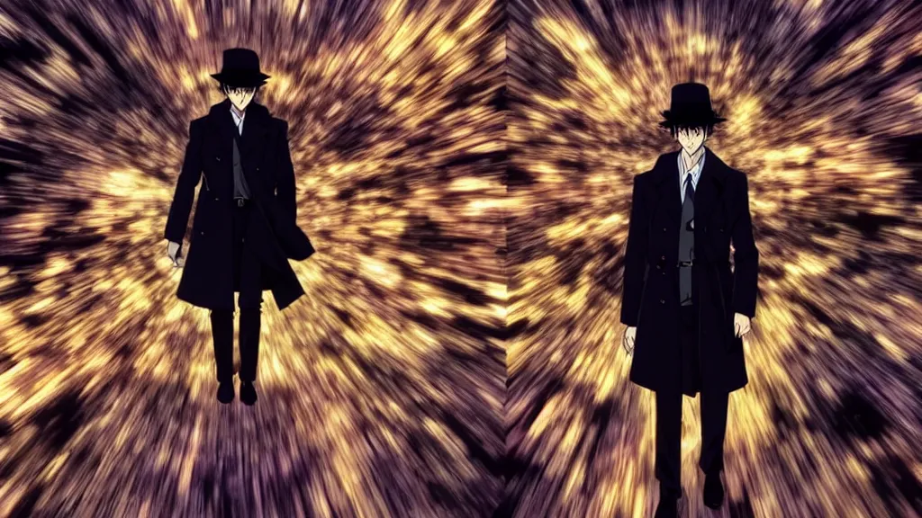 Prompt: a man who’s face is a vortex wearing a fedora and trench coat, anime film still from the movie directed by Denis Villeneuve with art direction by Junji Ito, wide lens