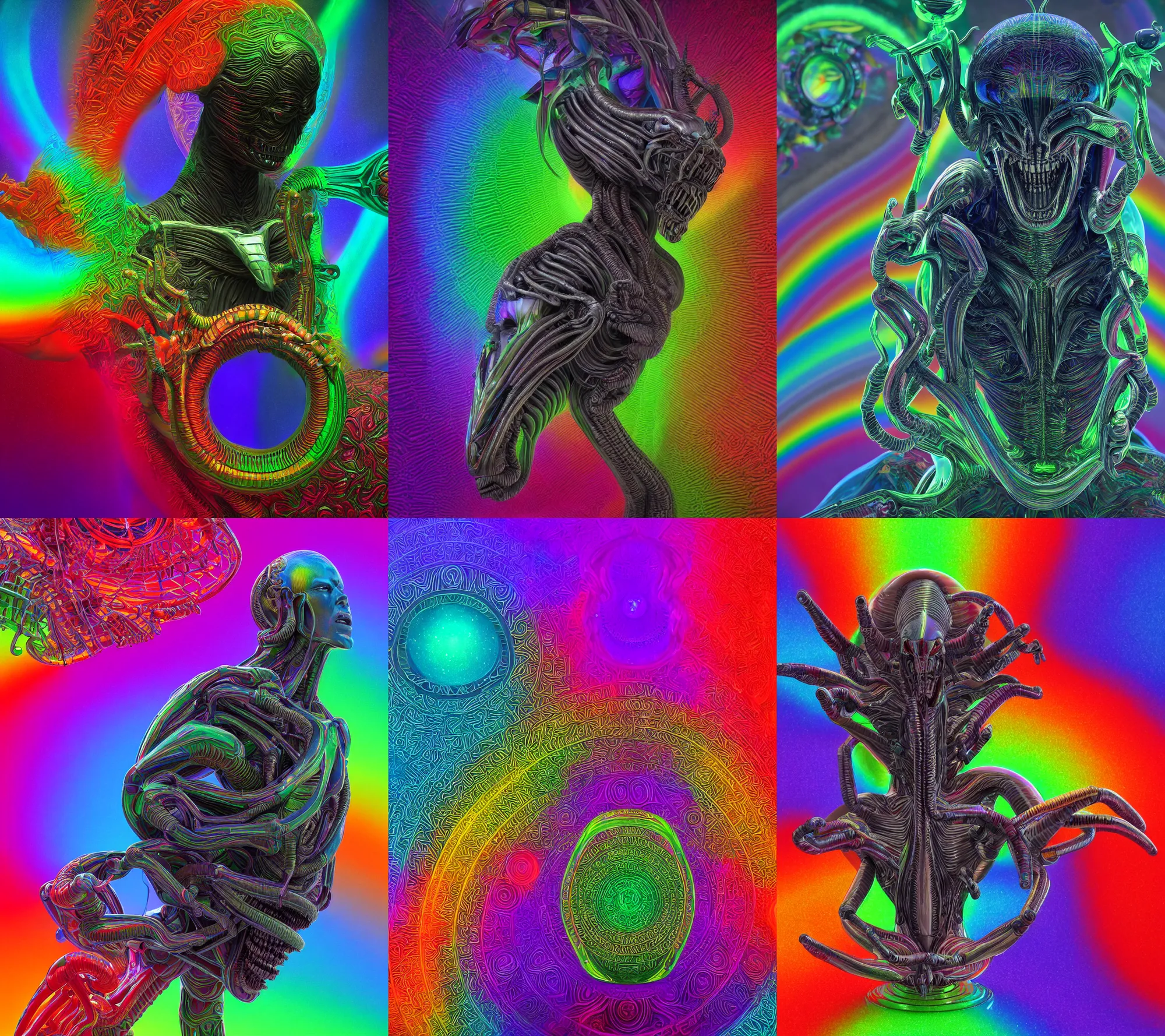 Prompt: a high detail photo image of a rainbow xenomorph, sacred geometry, 3D, octane render, cinematic 4k art by alex grey