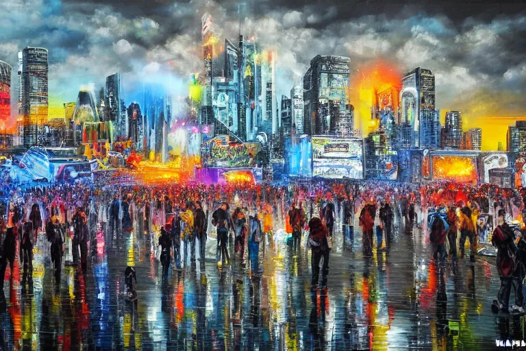 Prompt: 4 k hyper realistic oil painting of 2 0 0 0 s city at amn electronic music festival, rave, huge stage booming hard techno music, detailed painting in the style of walter douglas