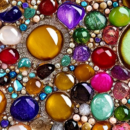 Prompt: roughly circular precious stones of different colours and materials laid out in a regular pattern