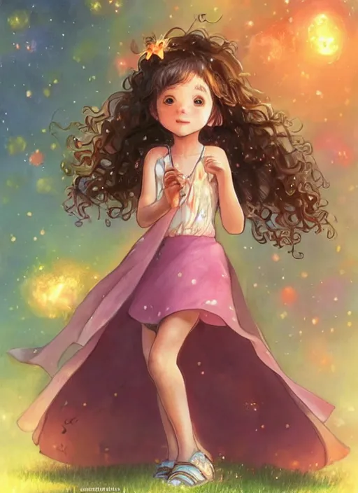 Image similar to A cute little girl with shoulder length curly brown hair with a happy expression wearing a summer dress dancing with fireflies, she is in the distance. beautiful fantasy art by By Artgerm and Hayao Miyazaki, trending on artstation.