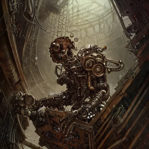 Image similar to low angle shot of a steampunk cyborg by clive barker, intricate, elegant, highly detailed, centered, digital painting, artstation, concept art, smooth, sharp focus, illustration, artgerm, Tomasz Alen Kopera, Peter Mohrbacher donato giancola, Joseph Christian Leyendecker, WLOP, Boris Vallejo.