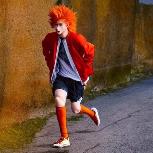 Image similar to orange - haired anime boy, 1 7 - year - old anime boy with wild spiky hair, wearing red jacket, running through italian town, yellow sunshine, sepia sun, strong lighting, strong shadows, vivid hues, ultra - realistic, sharp details, subsurface scattering, intricate details, hd anime, 2 0 1 9 anime