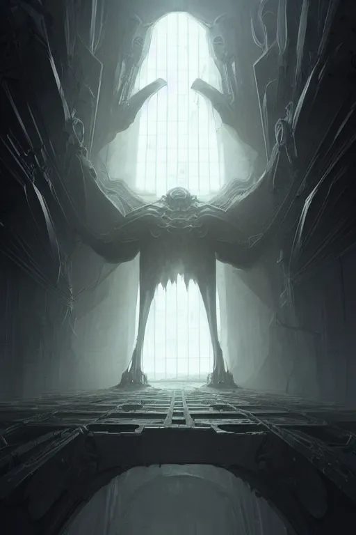 Image similar to professional concept art of a symmetrical! ominous floating!!! mechanical steel terrifying!! giant monster thing in a dark room by artgerm and greg rutkowski. an intricate, space, elegant, highly detailed digital painting, concept art, smooth, sharp centred focus, illustration, cubism, in the style of cam sykes, wayne barlowe, igor kieryluk.