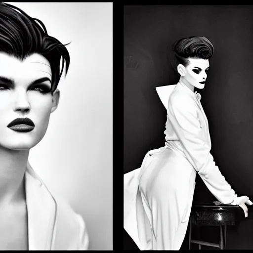 Image similar to beautiful portrait of androgynous ruby rose as desire from sandman in a white tuxedo!!!, rockabilly style, by alphonse mucha, cedric peyravernay, by jeremy mann, by frank moth, white suit and black tie, soft lightning, canon eos c 3 0 0, ƒ 1. 8, high detailed, 8 k