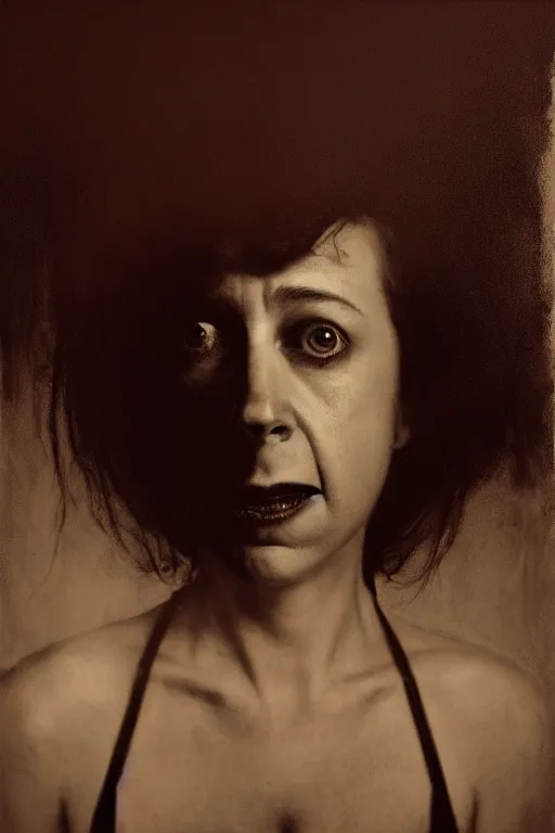 Prompt: portrait of kristen schaal as delirium of the endless by sally mann, and gottfried helnwein, jeremy mann, dark, backlit, low key, shadowed