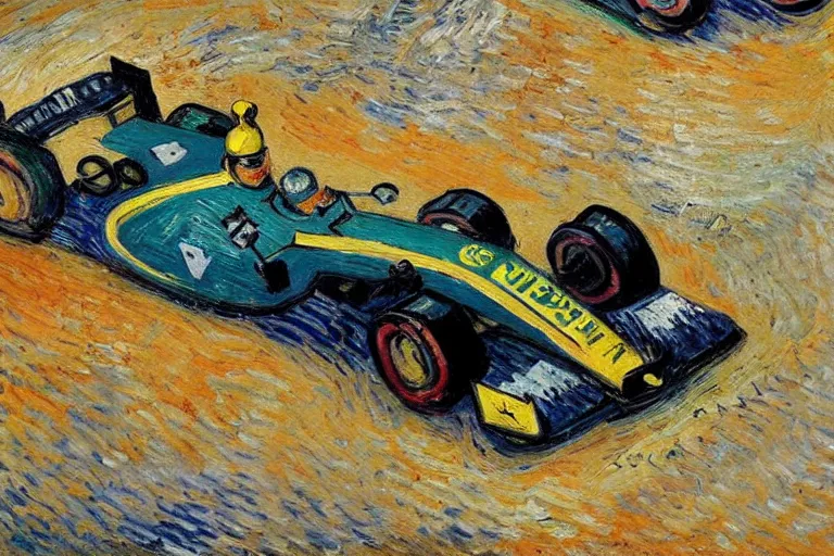 Image similar to formula 1 racing as painted by van gogh, detailed, wet brush, poster art