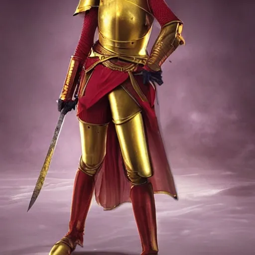Image similar to a tall, red - haired female knight wearing golden armor and a right golden prosthetic arm, longer than her left arm. she wields a long golden blade