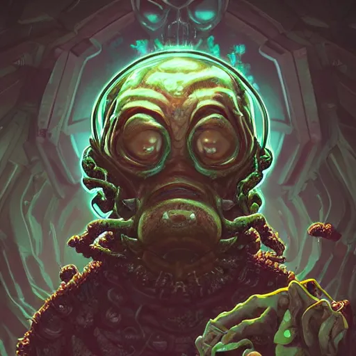 Prompt: Rick and Morty fused with Lovecraft and Predator and Vader helmet and cybernetic version of the thing and the blob, fractal Lighting, portrait, by Stanley Artgerm Lau, WLOP, Rossdraws, James Jean, Andrei Riabovitchev, Marc Simonetti, and Sakimichan, trending on artstation