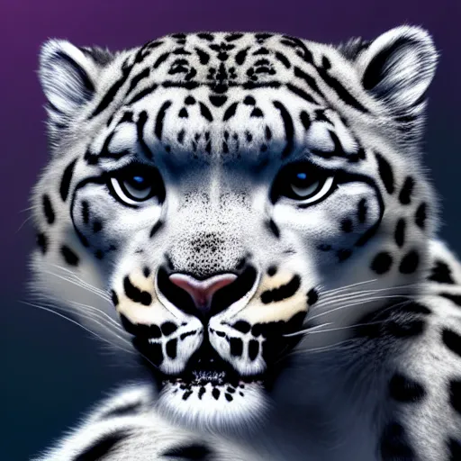 Image similar to photorealistic snow leopard. hyperdetailed photorealism, 1 0 8 megapixels, amazing depth, high resolution, 3 d shading, 3 d finalrender, 3 d cinematic lighting, glowing rich colors, psychedelic overtones, artstation concept art.