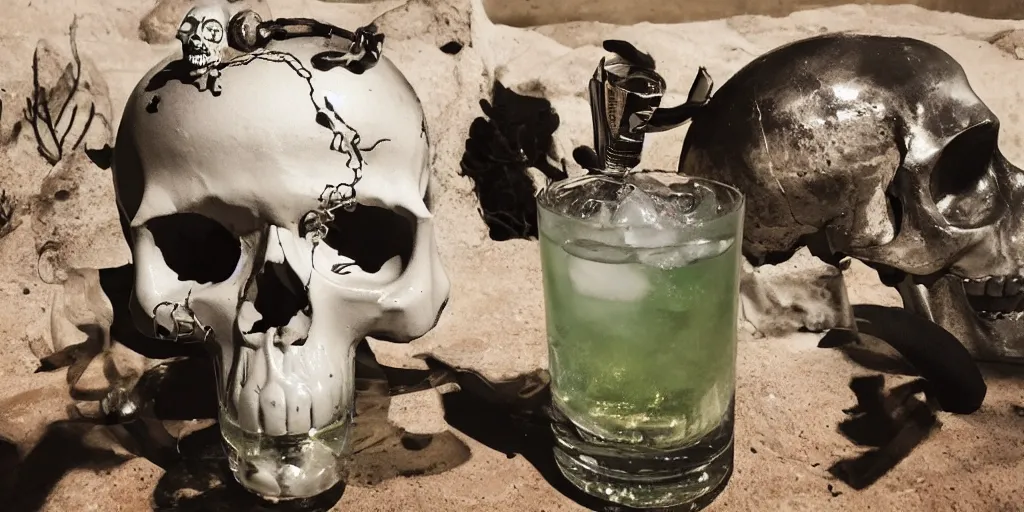 Image similar to gin and tonic being drank by a skull in the American west in the style of Marcelino Truong