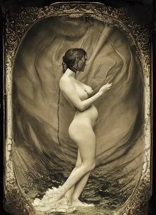 Image similar to old wetplate daguerreotype birth of venus, fractal, intricate, elegant, highly detailed, parallax, leica, medium format, subsurface scattering, by jheronimus bosch and greg rutkowski and louis jacques mande daguerre