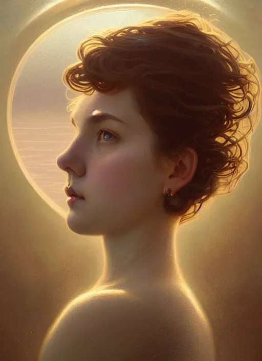 Prompt: full body portrait of a woman with short wavy hair, round face, cottagecore!!, lake water, submerged!!!, intricate, enlightened, highly detailed, digital painting, artstation, concept art, smooth, sharp focus, illustration, art by artgerm and greg rutkowski and alphonse mucha