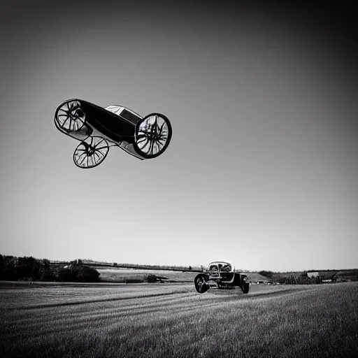 Image similar to old vintage car flyhing above the village, photograph in black and white