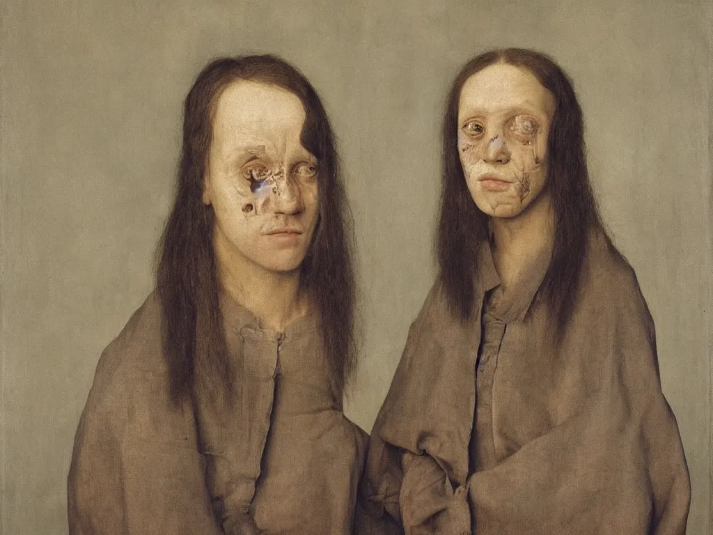 Prompt: portrait of a Meth addict. Painting by Jan van Eyck, August Sander.