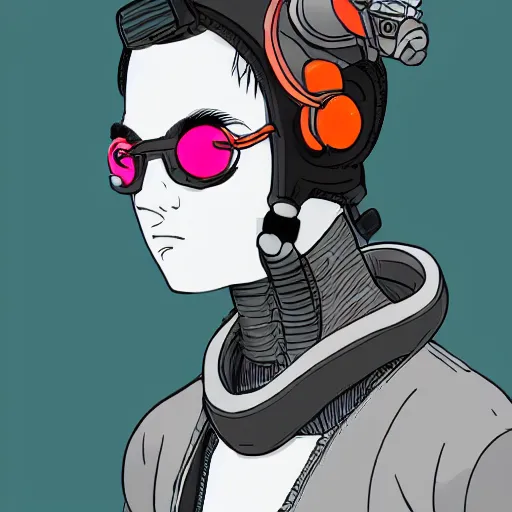 Image similar to in the style of ghostshrimp and bubbltek a highly detailed character concept illustration of a young mixed race male explorer wearing a cyberpunk headpiece