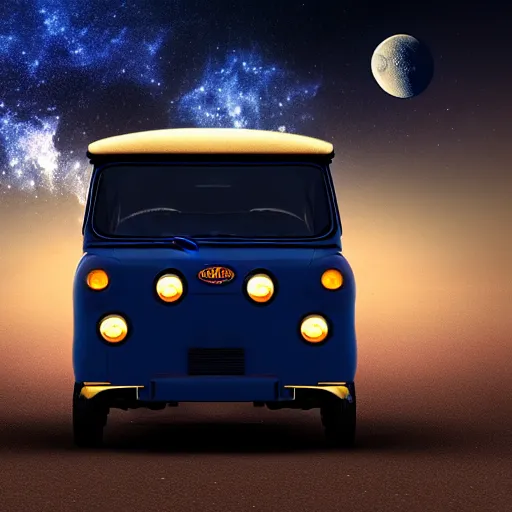 Prompt: a dark blue tuk tuk floating across the night sky, science fiction, milky way, moon, matte painting, concept art, 4k