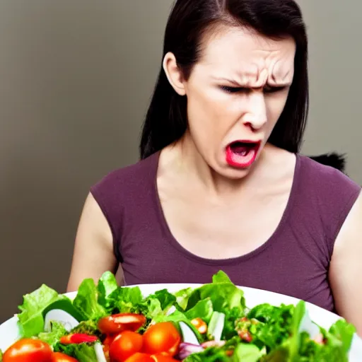 Prompt: stock photo of woman angrily eating salad