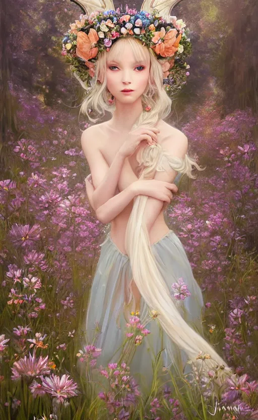 Prompt: A beautiful fantasy maiden, highly detailed full body, amazing flower tiara, wearing aristocrat robe, delicate figure, field of flowers, among foxes and deer, epic composition, ultra wide-shot, dynamic pose, concept art, beautifully lit, digital painting, smooth, character design, sharp focus, elegant, intricate, trending on artstation, by WLOP and James Jean and Victo Ngai