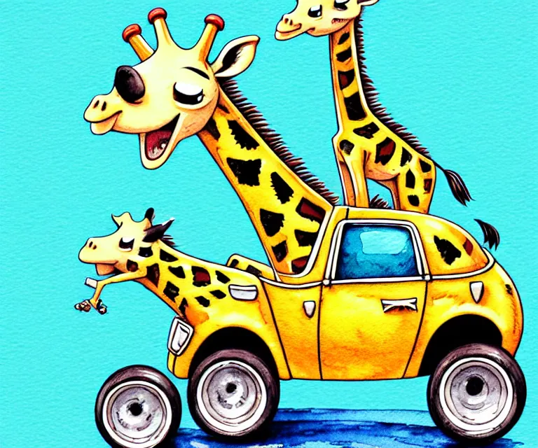 Image similar to cute and funny, giraffe wearing a helmet riding in a tiny hot rod with oversized engine, ratfink style by ed roth, centered award winning watercolor pen illustration, isometric illustration by chihiro iwasaki, edited by range murata, tiny details by artgerm and watercolor girl, symmetrically isometrically centered