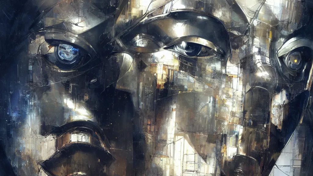 Image similar to a portrait of cyber - dog of sci fi metallic human by yoji shinkawa bright eyes, melancholic complex geometric figure liminal machinery by oskar schlemmer, moebius, john berkey, film grain, oil on canvas, portrait facial head, featured on artstation, hd wallpaper, 8 k