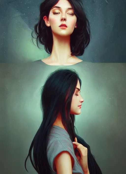 Image similar to handsome young women with shoulder length black hair, half body shot, path traced, highly detailed, high quality, digital painting, alena aenami, lilia alvarado, shinji aramaki, karol bak, alphonse mucha, tom bagshaw, hd, 8 k