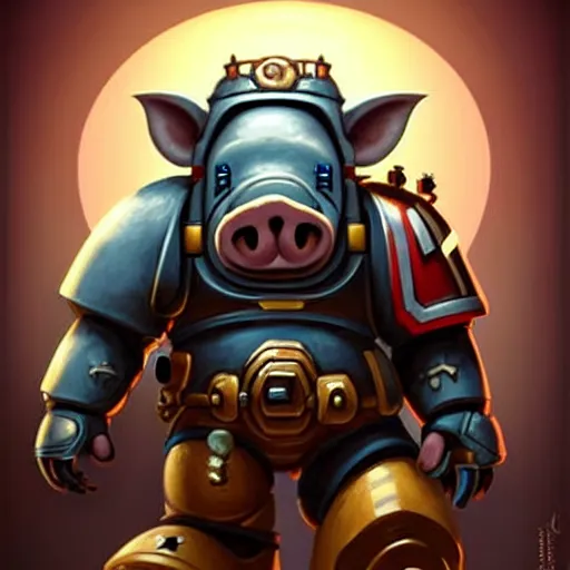 Image similar to cute little anthropomorphic Pig Space Marine, tiny, small, short, Space marine, cute and adorable, pretty, beautiful, DnD character art portrait, matte fantasy painting, DeviantArt Artstation, by Jason Felix by Steve Argyle by Tyler Jacobson by Peter Mohrbacher, cinema