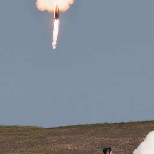 Image similar to a picture of elon musk launching like he's a rocket, full body, dslr, launch test