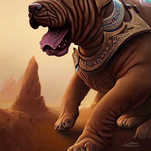 Prompt: A big shar pei dog wearing mesopotamian battle armor, D&D, highly detailed, digital painting, artstation, concept art, sharp focus, illustration, cinematic lighting, art by artgerm and greg rutkowski and alphonse mucha