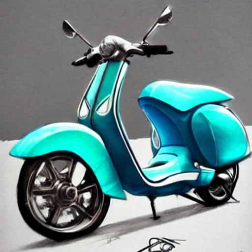 Prompt: a turquoise vespa moped, realistic, concept art, intricate details, detailed, photorealistic, pencil and watercolor, art by artgerm and greg rutkowski
