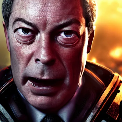 Image similar to Portrait of Nigel Farage in Gears of War, splash art, movie still, cinematic lighting, dramatic, octane render, long lens, shallow depth of field, bokeh, anamorphic lens flare, 8k, hyper detailed, 35mm film grain