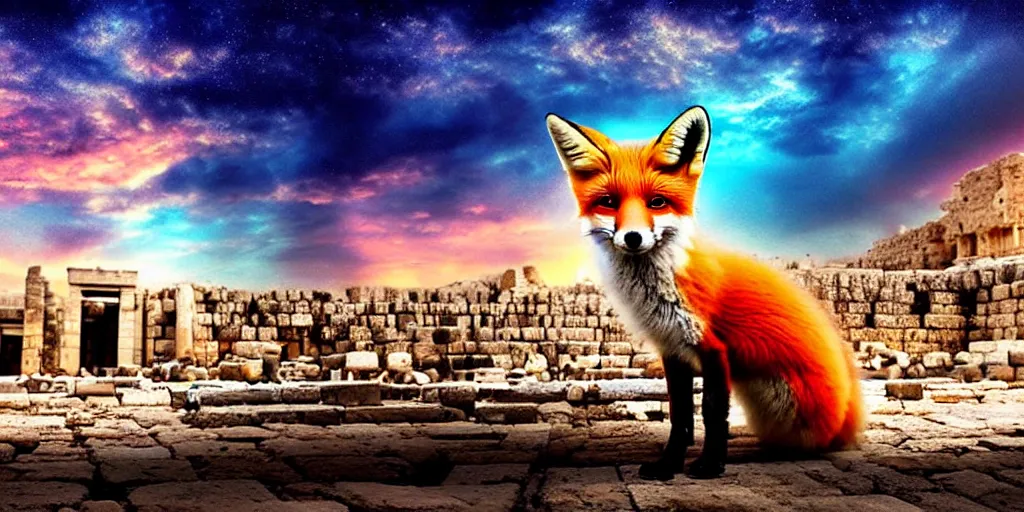 Prompt: a beautiful small fox in the huge ruins of the second temple in jerusalem, dreamy sky, the third temple hovers quietly hiding in the sky above, very colorful painting 8 k trending on art station, intricate superb details, digital art, very very very realistic, cinematic lighting, volumetric lighting, photographic, blur bokeh defocus dof sky.