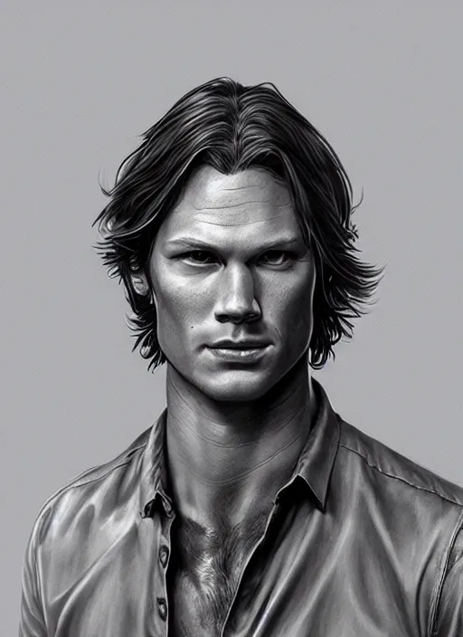 Image similar to Portrait of Sam Winchester, intricate upper body, whole body, highly detailed, digital painting, artstation, concept art, smooth, sharp focus, illustration, art by Hajime Sorayama