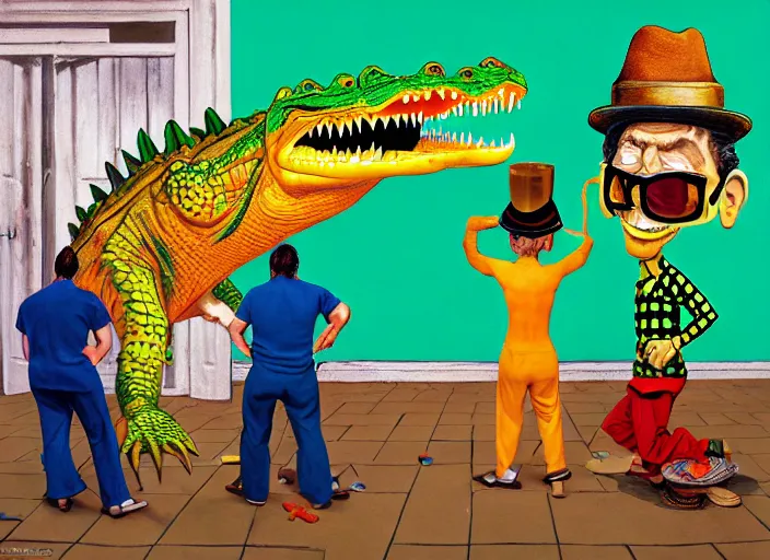 Prompt: a crocodile with shoes and hat looking at two men in costume drinking beer with computer and joakim ojanen and robert crumb and philip guston, psychological, photorealistic, dripping paint, washy brush, rendered in octane, altermodern, masterpiece