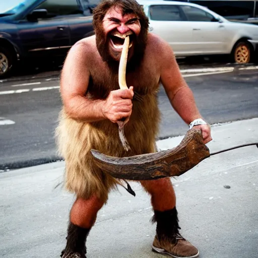 Prompt: Caveman laughing while hunting mammoth in the streets of New York