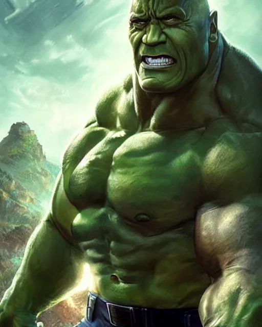 Prompt: movie poster of the rock as the hulk, dwayne johnson as hulk, cinematic feel, movie poster, art by artgerm and wlop and tooth wu and greg rutkowski