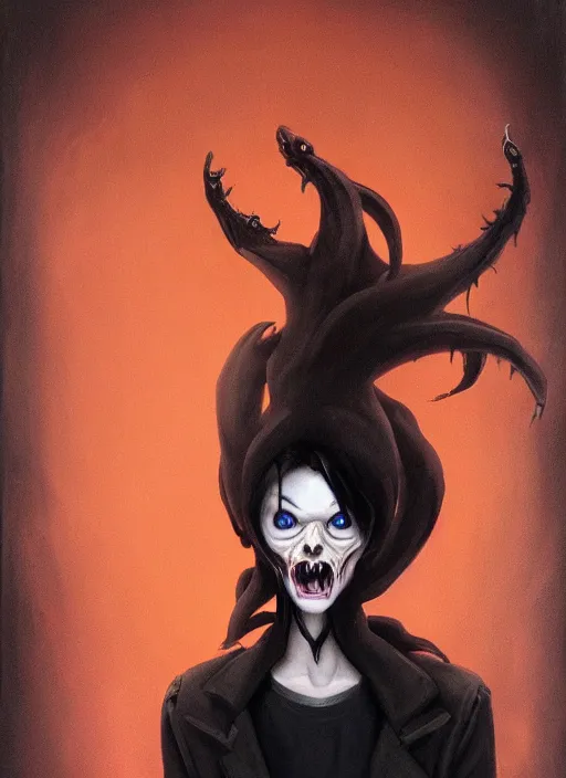 Image similar to dark portrait painting of tracer from overwatch, in style of zdzisław beksinski, scary, horror, overwatch tracer character, evil grin, detailed face, dressed in dark garment, black tendrils, tall,