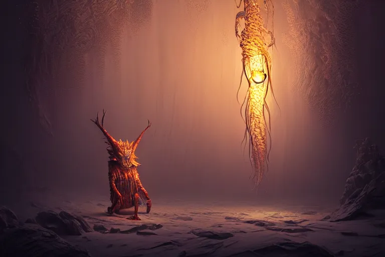 Prompt: creature in a alaska, backlit, warm tones, bioluminescent bioluminescent translucent translucent : : by michal karcz, daniel merriam, victo ngai and guillermo del toro : : ornate, dynamic, particulate, intricate, elegant, highly detailed, centered, artstation, smooth, sharp focus, octane render, 3 d