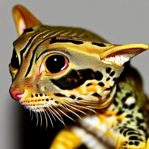 Prompt: a lizzard - cat - hybrid, animal photography