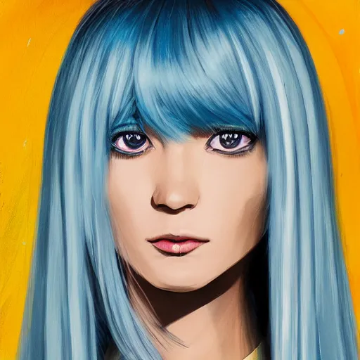 Image similar to full face shot of rimuru tempest, sky blue straight hair, long bangs, with amber eyes, wearing a fancy black jacket, high collar, ultra detailed, brush strokes, digital painting, cinematic, wlop artstation, closeup, pixiv, intense, intimidating glare, photorealistic, overpowering, andy warhol,