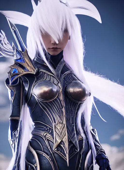 Prompt: photo of a sorceress near mage tower, warframe armor!!, fantasy, white hair, anime, professionally color graded, interesting angle, sharp focus, 8 k high definition, insanely detailed, intricate, intelligent, art by akihiko yoshida and shirotaka