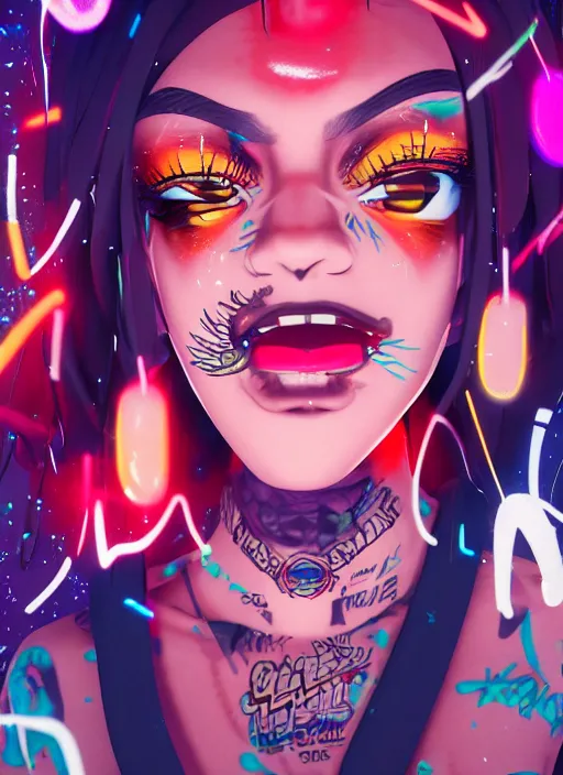 Image similar to graffiti of a streetwear anime style mixed woman wearing thick mascara, crying, a city on fire in the background, police lights shine on her face, tattoos, dark glitter, Cinestill 50d, 4k, 8k, hd, full color, octane render, trending on artstation, highly detailed
