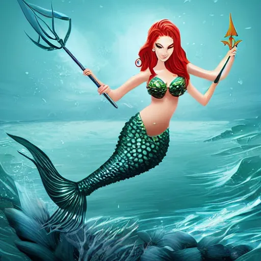 Image similar to beautiful mermaid guard holding a sharp trident, sea background with sea weeds and small sea creatures, fantasy game art