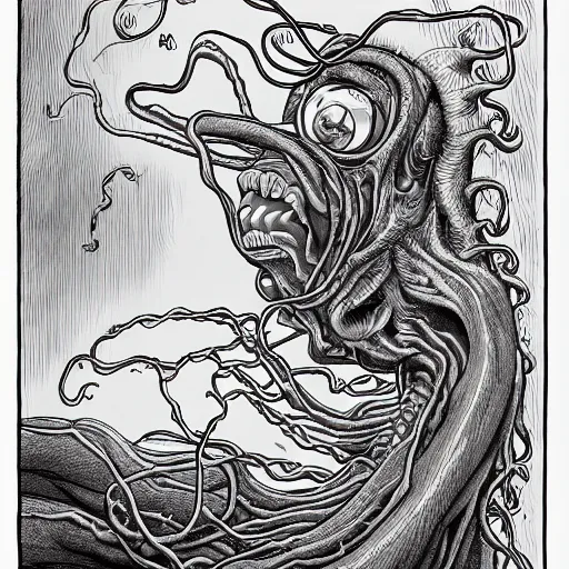 Image similar to a hyper detailed filmic wide shot 30mm color film photograph of a bundle of a dangerous gorey shape shifting alien creaturing spewing long worm-like spiney tendrils out of its snarling mouth, the tendrils are strangling and smothering a male 70-year-old doctor wearing a lab coat under dreary fluorescent lights, the walls are splattered with ketchup in the style of an HD horror film still from 1982