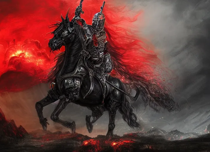 Prompt: a menacing knight in full plate of black armor, splattered with blood, riding a large black war horse, with red glowing eyes flowing red mane and tail, blackened clouds cover sky, crackling with lightning, a castle in distance burns, the ground is wet and cracked, d & d, fantasy, highly detailed, digital art, illustration,