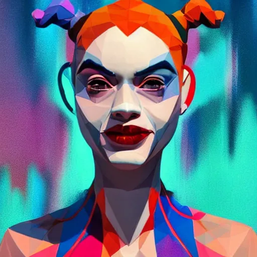 Image similar to digital art, low poly 3d render of Harley Quinn but she's a beautiful young ape-girl with long pony tails on either side of her head, illustration, by James Jean, artgerm, octane render, by John Coltrane and Marc Simonetti, Manic, graffiti, kinemacolor, colorful, high detail of the face, full body