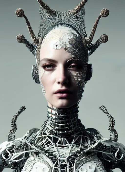 Image similar to portrait of an absurdly beautiful, graceful, sophisticated, fashionable cyberpunk mechanoid, hyperdetailed illustration by irakli nadar and alexandre ferra, intricate linework, white porcelain skin, faberge, fractal ivory headdress, unreal engine 5 highly rendered, global illumination, radiant light, detailed and intricate environment