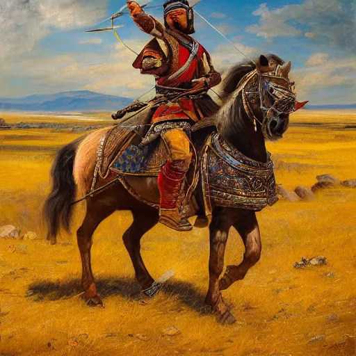 Prompt: detailed and perfect mongolian warrior with his bow, archery, from ancient lands of taran shooting arrows from his horse in the distance, mongolian gobi grass lands landscape, highly detailed, ultrawide lens, impressionism, chiaroscuro, painting by peter paul rubens, dark background