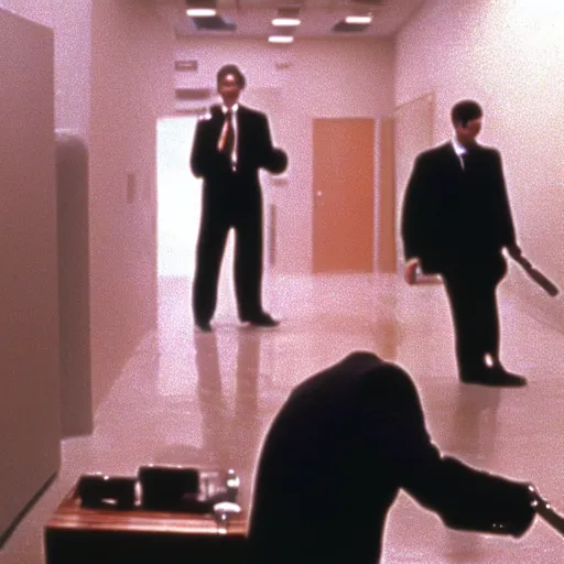 Prompt: patrick bateman shooting cops in american psycho ( 1 9 9 9 )