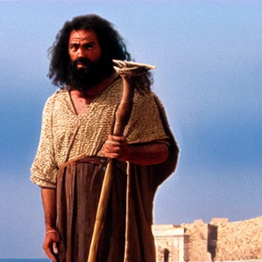 Image similar to Mediterranean man as Moses holding a wooden staff in a movie directed by Steven Spielberg, movie still frame, promotional image, imax 70 mm footage